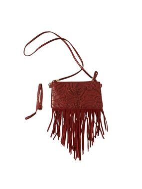 Free People Reddish Pink Tooled Leather Fringe Crossbody Bag Boho Western Style